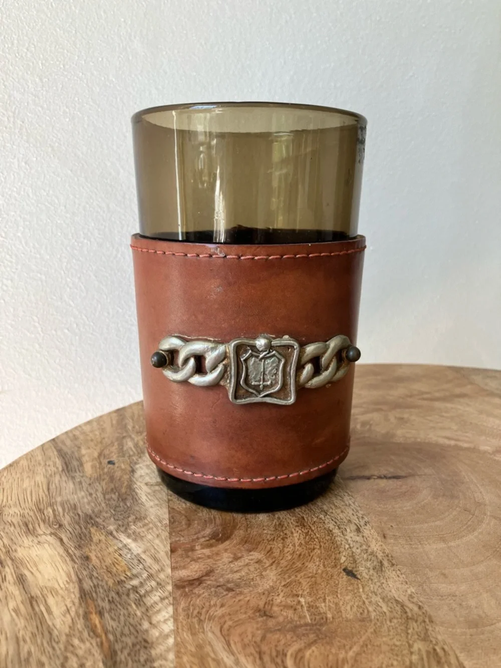 Vintage Leather Wrapped Bourbon Whisky Glass With Metal Crest Barware 20oz